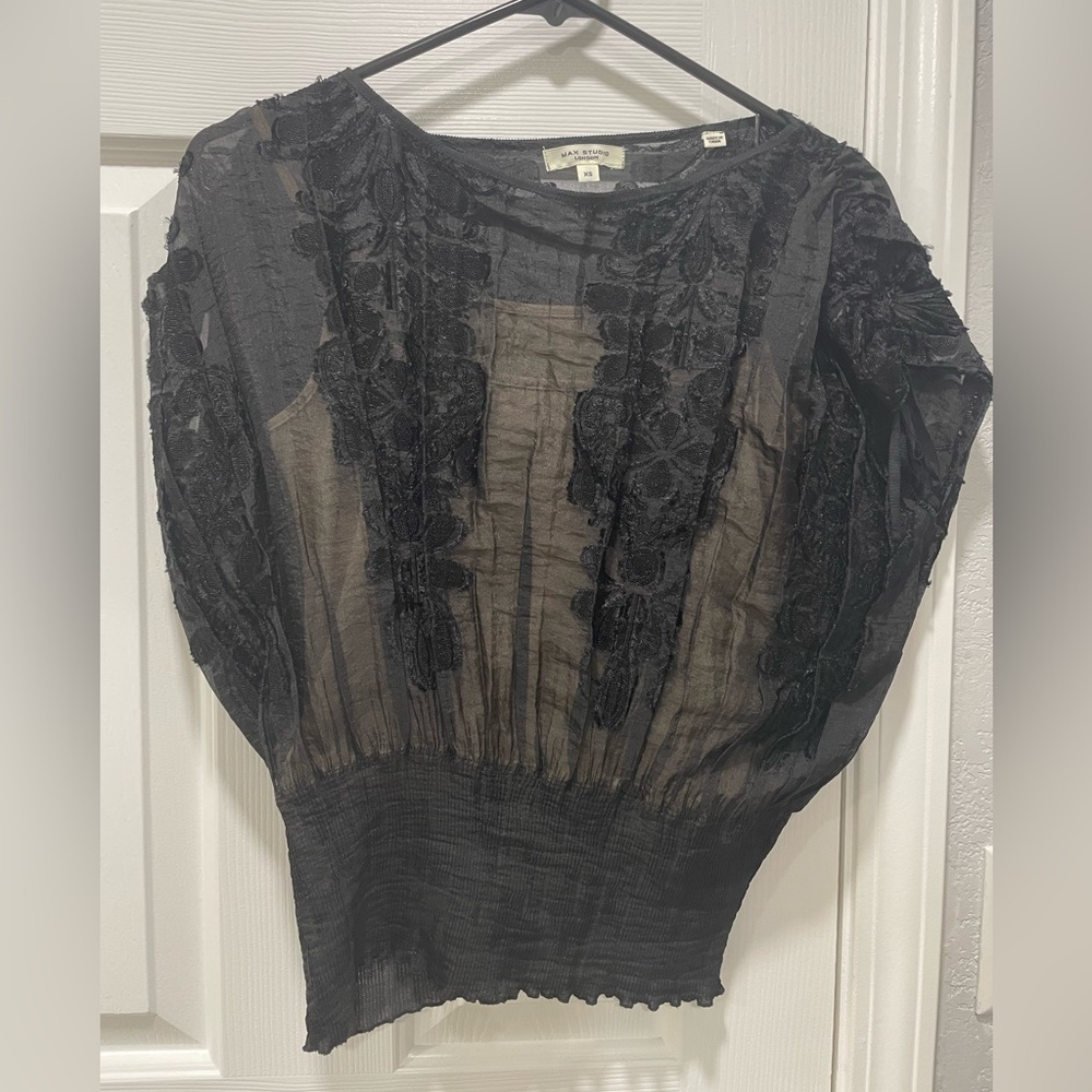 Max Studio Black Sheer Textured Floral Blouse